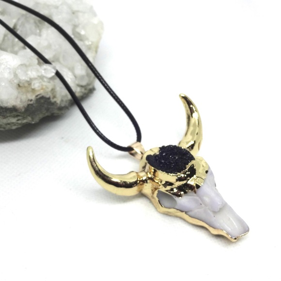 NEW Black Druzy Gold Horn Steer Necklace - Picture 4 of 5